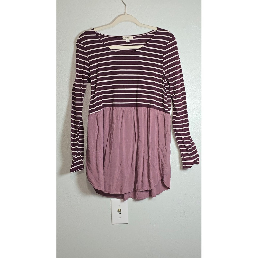 Umgee USA Womens Small Striped Mixed Media Babydoll Tunic Top Plum Mauve Y2K
